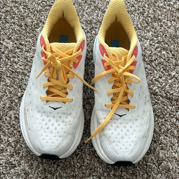 Hoka One One Clifton 9 White and Yellow Athletic Shoes - Picture 3 of 15